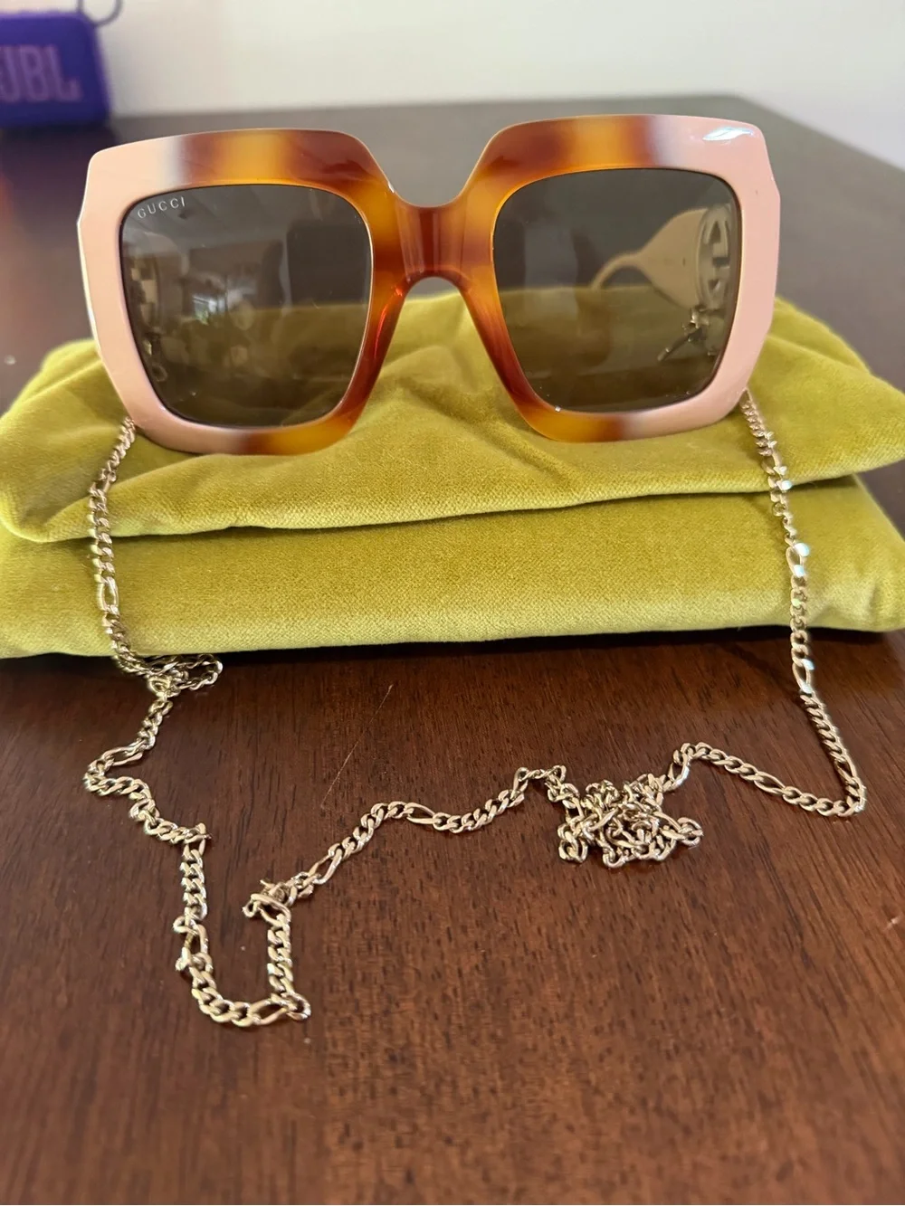Gucci Pink and Tortoiseshell Square Sunglasses with Gold Chain Strap